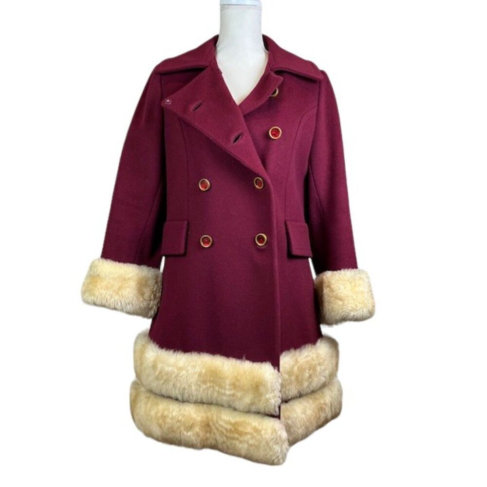 Vintage‎ Winkelmans Wool Coat with Fur Trim Burgundy- Pristine condition! S/M